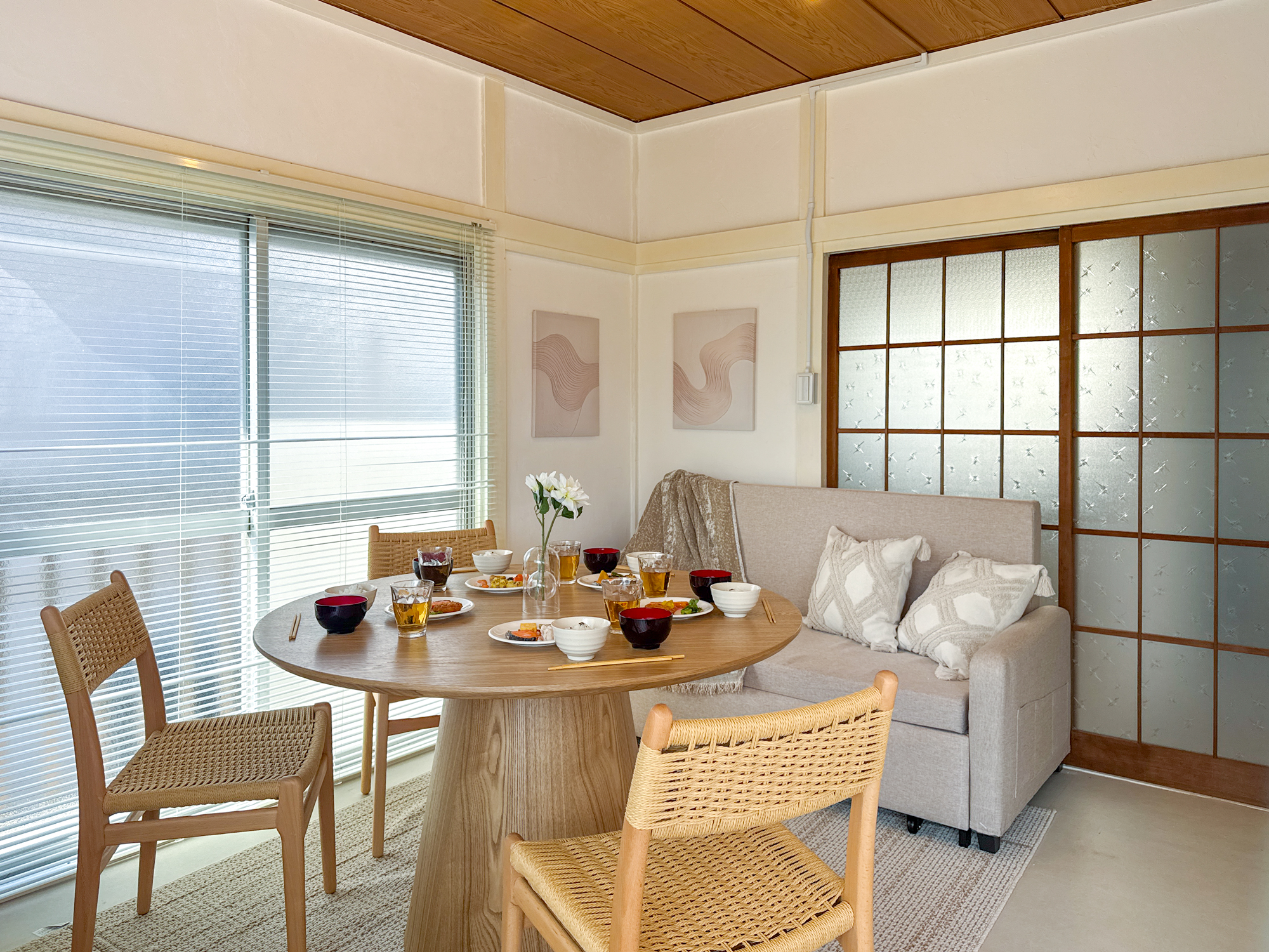 Dining table set for a meal