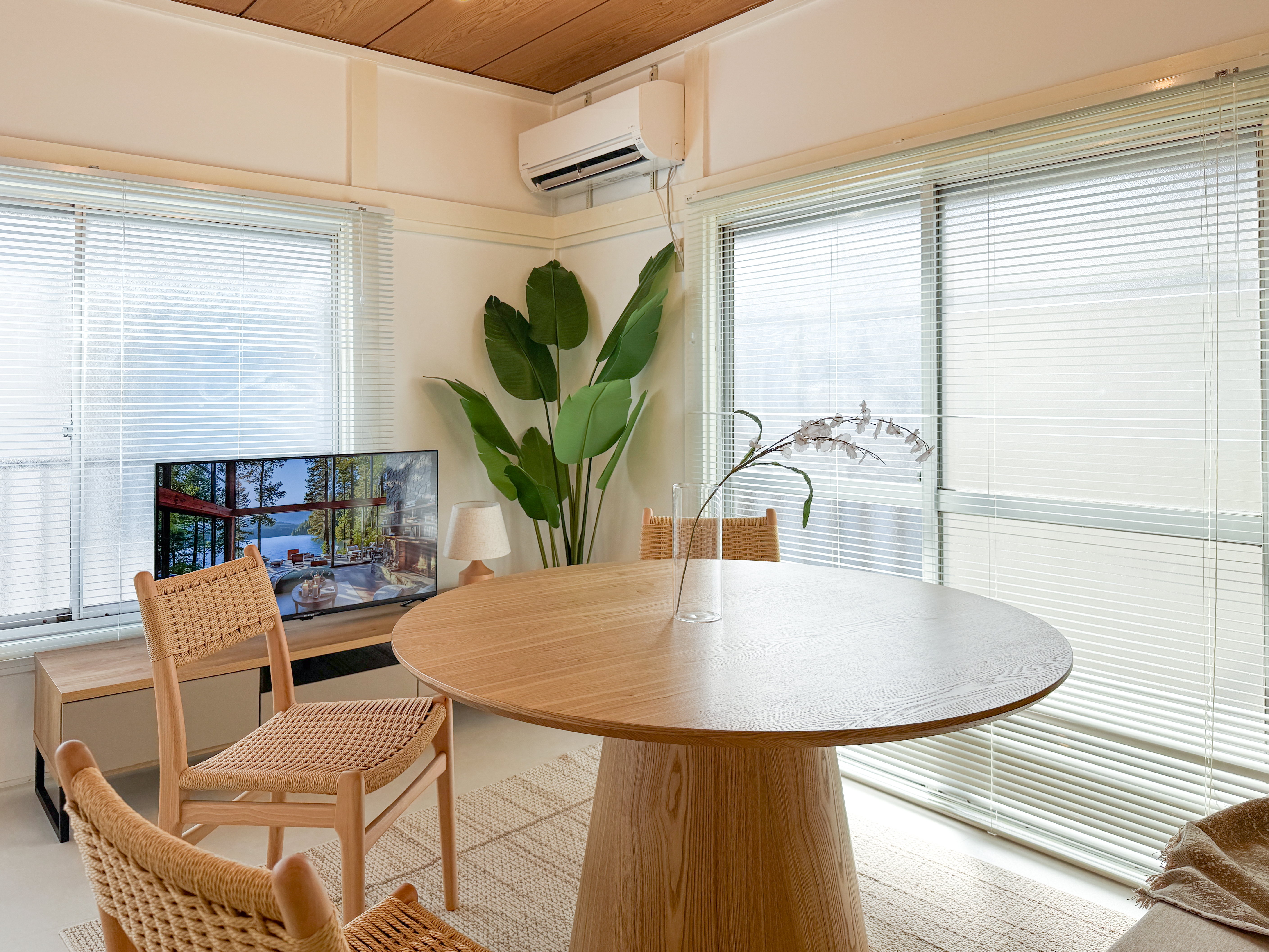 Living and dining area with sofa and table